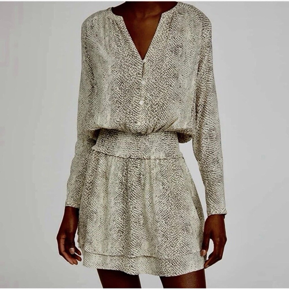Rails Jasmine Tan Watercolor Snakeskin Smocked Mini Dress Medium V-Neck Boho M